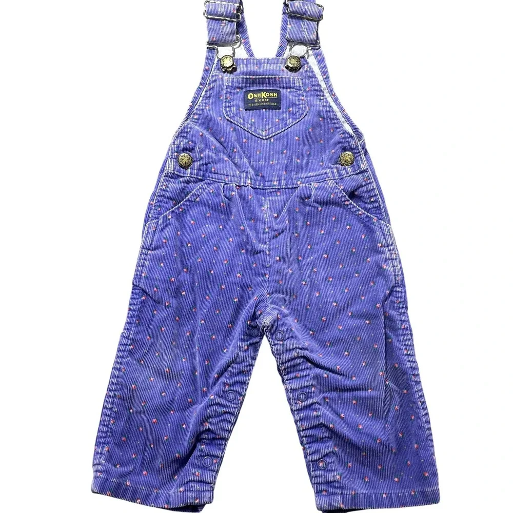 Vintage OshKosh B'gosh Vestbak Overalls Girls 12M Purple Corduroy Floral USA